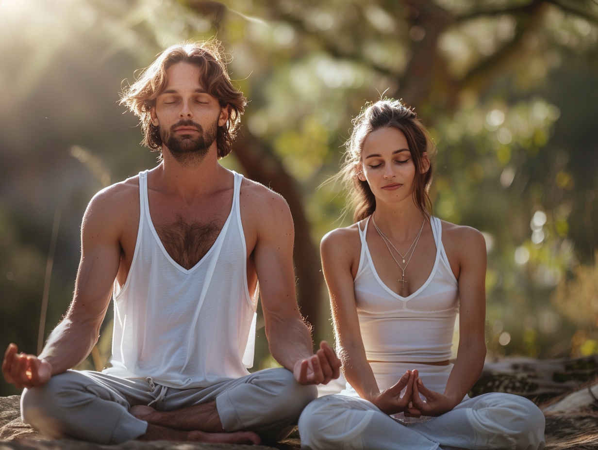 Група людей різного віку практикує йогу в природному середовищі